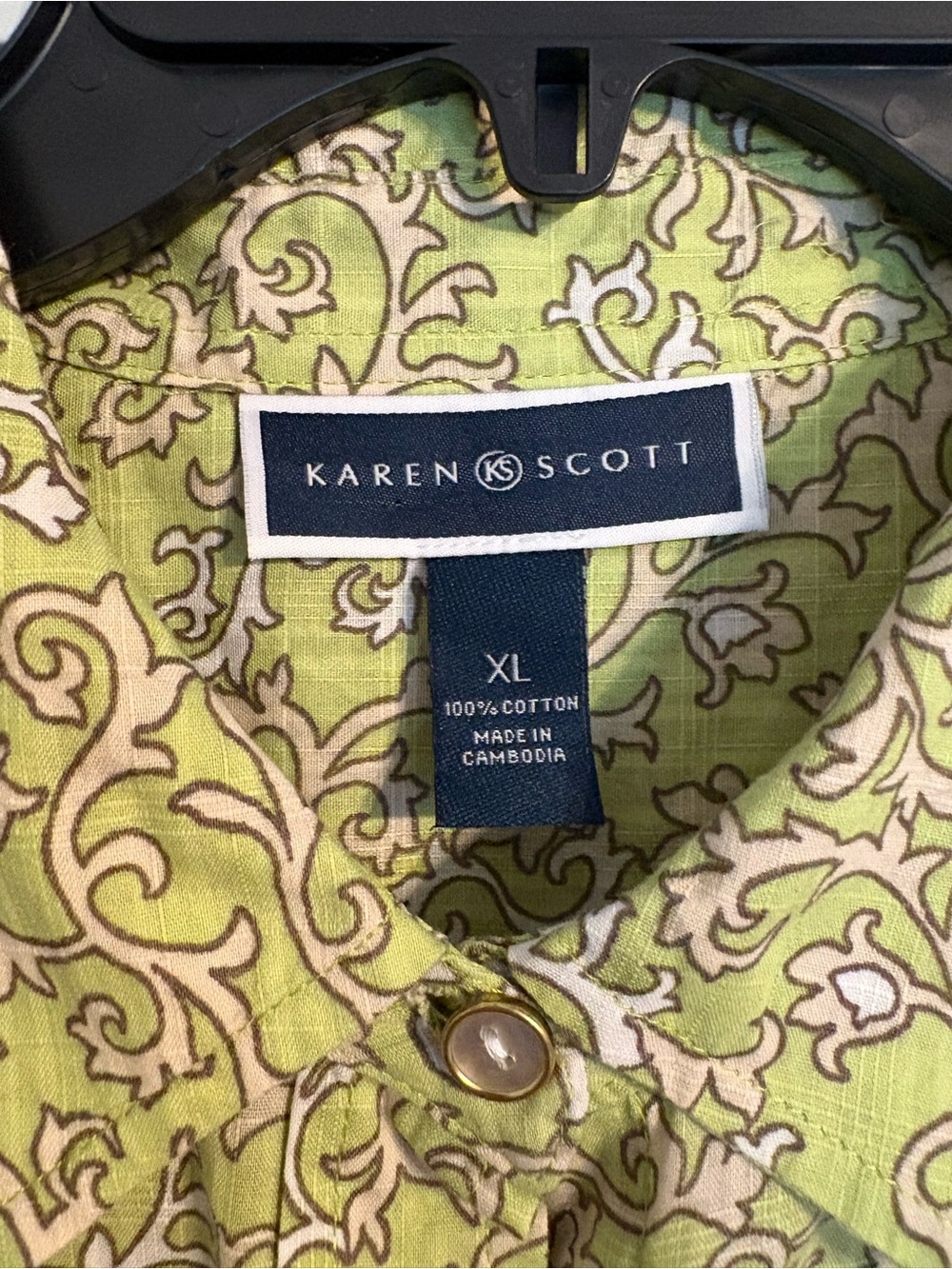 Karen Scott XL Lime Green Paisley-Print Button-Down Shirt 3/4 Sleeves - Picture 4 of 5